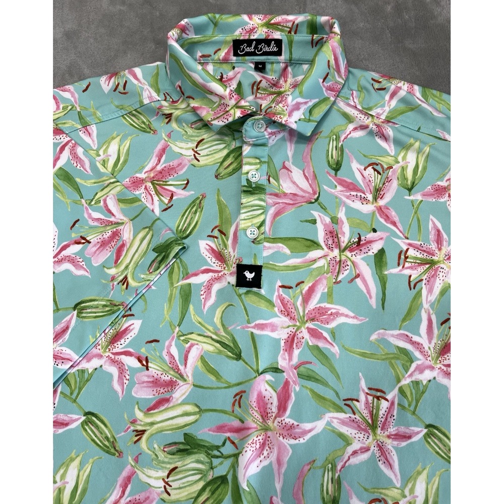 Bad Birdie Polo Shirt Men Medium Green Floral Button UPF 50 Performance Stretch